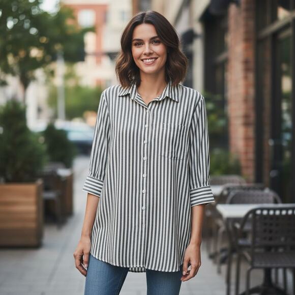 Parsley Sage Top Womens 1X Pink Striped Floral Back Art To Wear Preppy Boho - Picture 1 of 7
